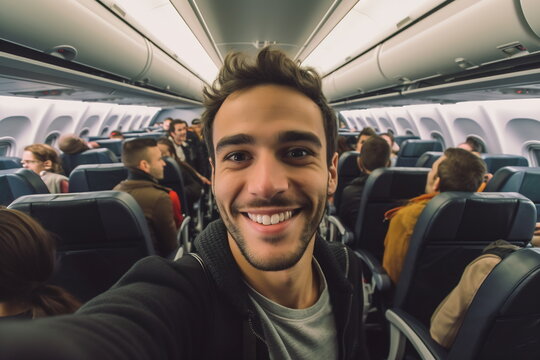 A handsome man taking a selfie with a mobile phone on board of plane. Smiling people having fun flying during the time on the airplane. Concept of happiness on airplane