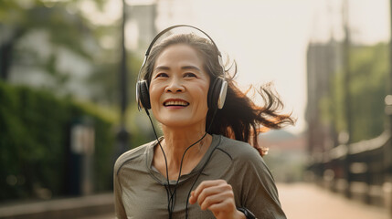 Asian woman, she's 50 year old, beautiful eyes, healthy women smiling in a Yoga Sport wear, headset
Smartwatch. running outside on sunny day. full-body photo Hyperreal photography.