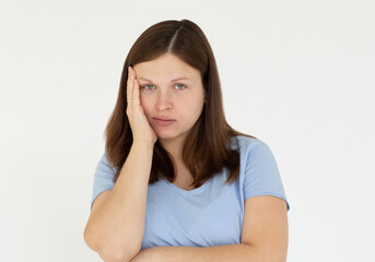 Fototapeta premium doubt and confusion concept - portrait of confused beautiful woman expressing distrust and suspicion,studio shot on white background