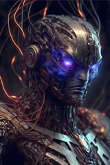 shiny metallic cyborg head with glowing eyes surrounded by wires and cables in a dark futuristic style wizard magical effects realistic sci fi art cinematic shot ambient light hyper detailed 