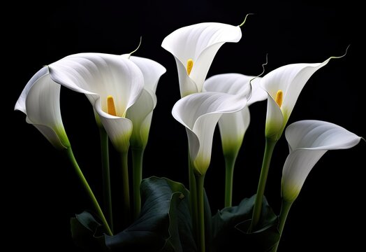 Calla flowers on the dark background place for a text. Created with Generative AI technology.