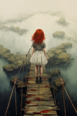 Girl standing on a precarious bridge facing away