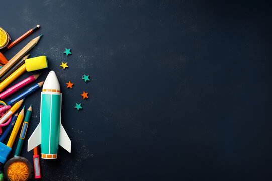 Vibrant colors toy rocket, school supplies on chalkboard, flat lay with space for text. Banner design. Crated using AI tools.