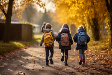 Fototapeta premium Back to school. Kids with backpack going to school together in vintage color tone. Created using AI tool