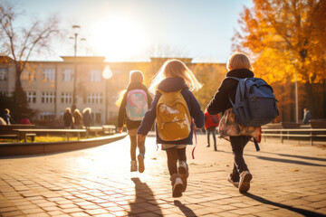 Back to school. Kids with backpack going to school together in vintage color tone. Created using AI tool
