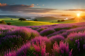 Fototapeta na wymiar lavender field at sunset Generated Ai