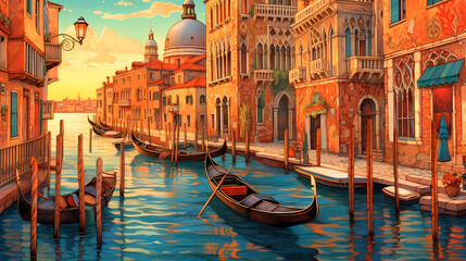 Illustration of the beautiful city of Venice. City of gondoliers, bridges, carnivals and love. Italy