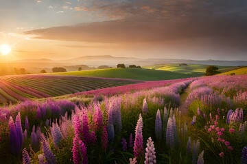 Plakat lavender field at sunset Generated Ai