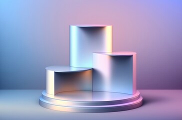 Empty geometric podium for product display on holographic grad generated by AI