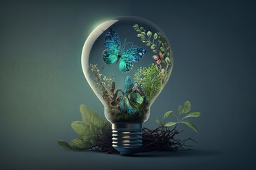 Green energy concept. Light bulbs made from green plants generated by AI