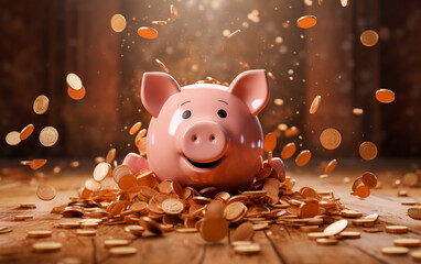 A cute piggy bank smiles under a shower of gold coins - 618603167
