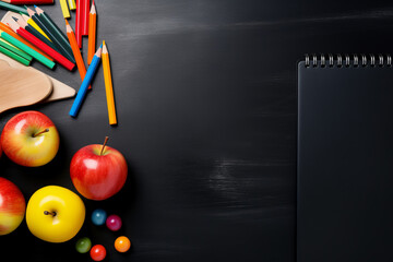 School supplies on school desk , chalkboard on background ready for your design. Crated using AI tools.