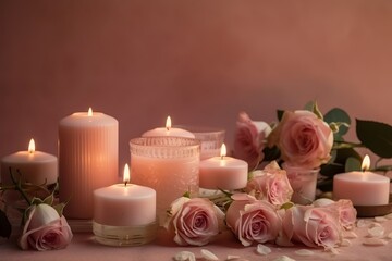  Scented candles and roses on a white table against generated by AI