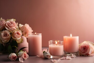  Scented candles and roses on a white table against generated by AI