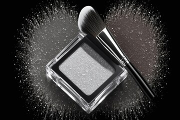 Silver glitter cosmetic product smear and brush generated by AI