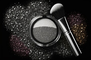 Silver glitter cosmetic product smear and brush generated by AI