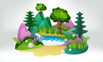 Papercut nature. Green jungle art. Origami craft landscape. Scenic mountains and eco forest world. Summer plants. Natural wild panorama. Environment background. Vector exact illustration