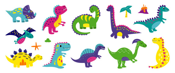 Dino set. Colorful dinosaurs, doodle style drawing, print or nursery decor isolated elements. Fantasy velociraptor and funny T-rex. Childish wild animals cartoon flat vector illustration