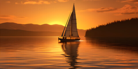 Obraz na płótnie Canvas Sailing on a Tranquil Lake at Sunset, with a warm orange glow reflecting off the calm water