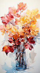 A painting of autumn leaves in a vase. Generative AI.