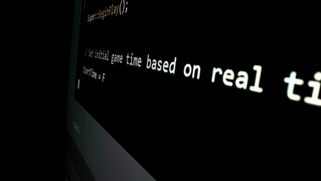 Closeup macro shot movement of coding script moving across LED screen with real-time AI-generated typing, showcasing advanced AI learning in optimization, debug and coding for software development.