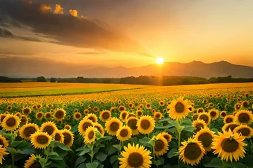 Rolgordijnen sunflower field in sunset © munazza