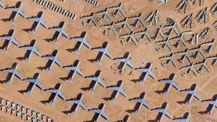 Aircraft Boneyard, Retired aircrafts parking in the aircraft graveyard, birds eye view plane...