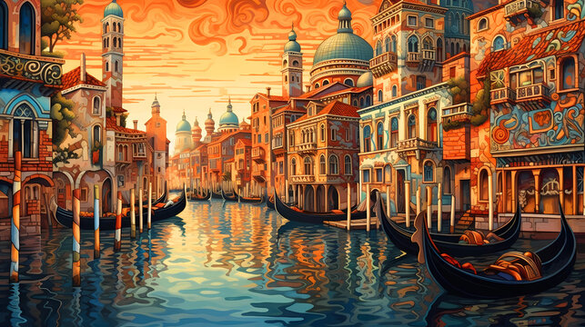 Illustration of the beautiful city of Venice. City of gondoliers, bridges, carnivals and love. Italy