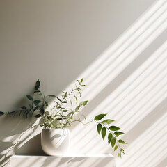 Minimalist product presentation, Soft window Blinds Shadows on a White Wall with a plant