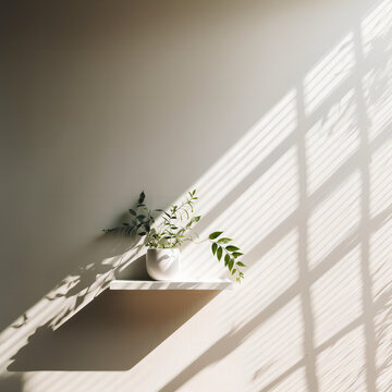 Minimalist product presentation, Soft window Blinds Shadow on a White Wall with a plant on a shelf