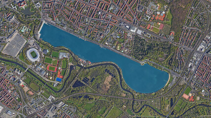 Maschsee, giant artificial lake, looking down aerial view from above – Bird’s eye view...