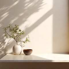 Soft Plant Shadows cast on a White Wall with a plant on a shelf, Minimalist product presentation, mockup