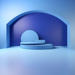 A Round Blue Tiered Podium on a Dark Blue Background and Geometric Arch, Product Display, Product Presentation, Mockup