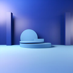 A Round Blue Tiered Podium on a Dark Blue Background and Geometric Shapes, Product Display, Mockup