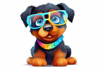 Colorful rottweiler wearing glasses isolated on a white background