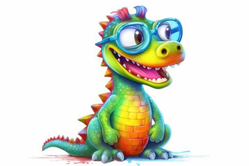 Obraz premium Rainbow alligator wearing glasses isolated on a white background