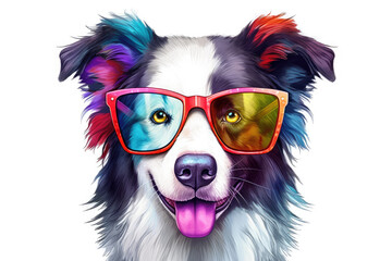 colorful border collie wearing glasses isolated on a white background