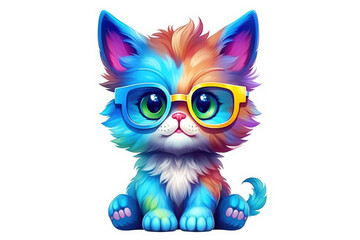 Colorful Kitty cat wearing glasses isolated on a white background