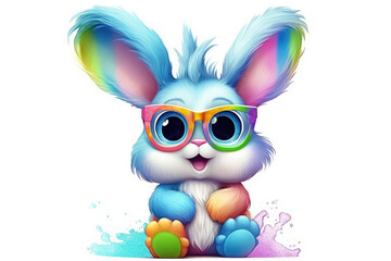 Colorful Bunny rabbit wearing glasses isolated on a white background