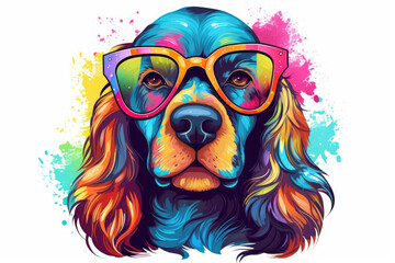 Colorful Cocker spaniel wearing glasses isolated on a white background - obrazy, fototapety, plakaty