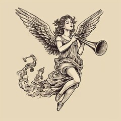 Christmas Angel flying and trumpet on pipe. Religious holiday. Hand drawn vector illustration in vintage  "ai genarated "