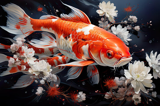 A painting of a koi fish surrounded by flowers. Generative AI.