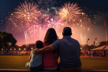 Family watching fireworks on the 4th of July. -  American holiday - Independence Day - New Years