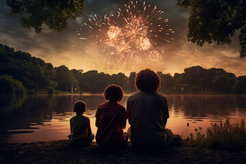 Family watching fireworks on the 4th of July. -  American holiday - Independence Day - New Years - obrazy, fototapety, plakaty