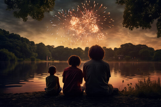 Family watching fireworks on the 4th of July. -  American holiday - Independence Day - New Years