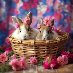 Cute bunnies sitting in a basket