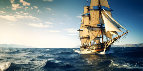 A wooden sailing ship gracefully cutting through the deep blue waves of the open ocean, with a clear sky