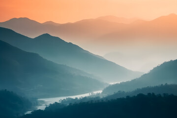 Fototapeta premium Amazing nature scenery, mountains under morning mist - AI generated