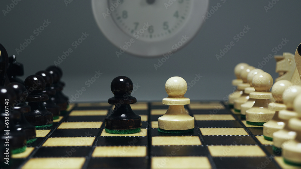 Poster decision time. chess pawn makes it's first step. photo of chess