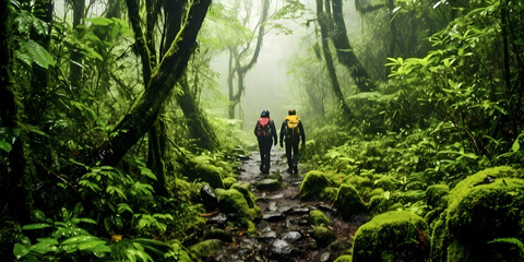 Fototapeta premium Trekking through a Dense Rainforest, with towering trees and a chorus of exotic wildlife